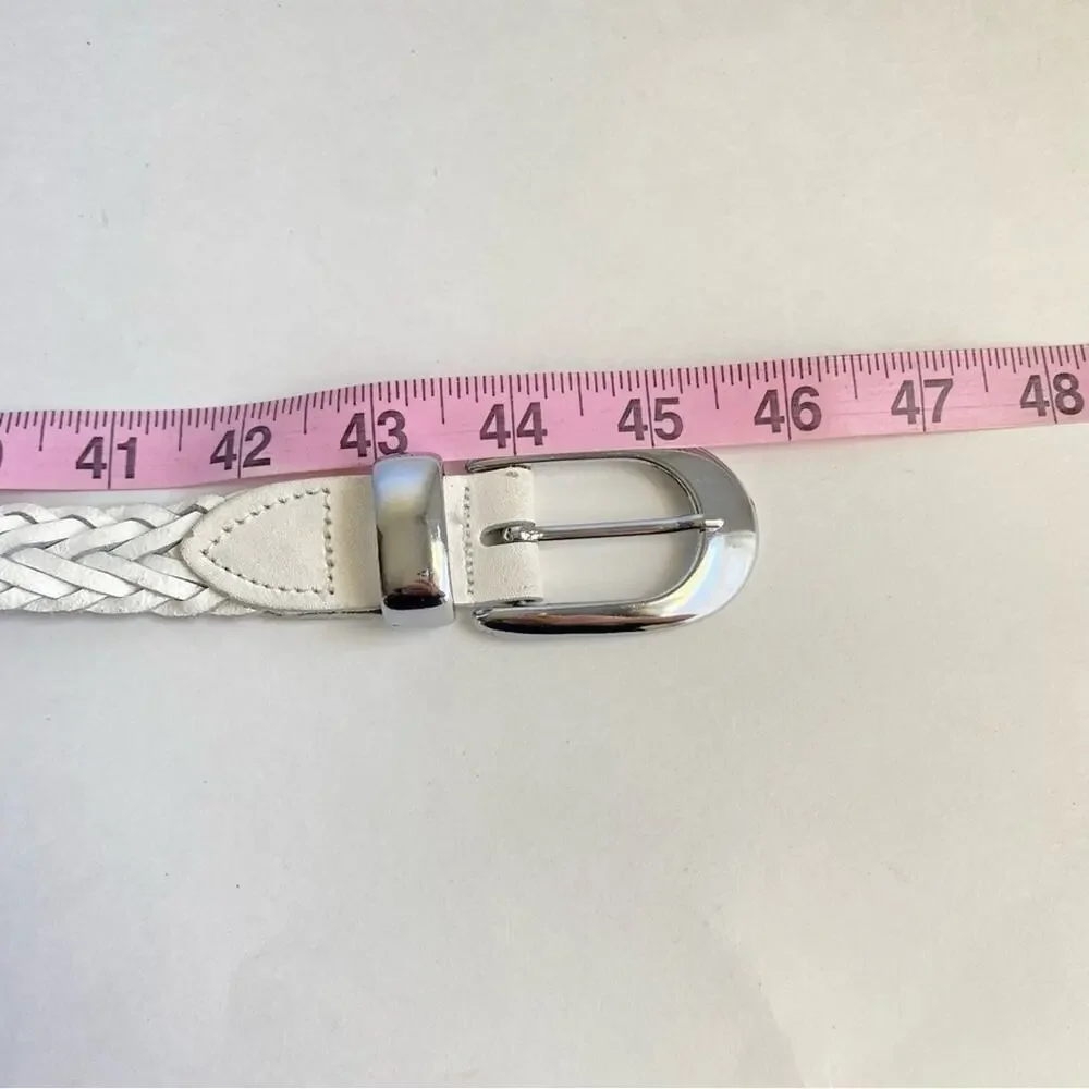 Vintage White Woven Leather Belt Braided Silver Tone Buckle Medium Large 90s Y2K